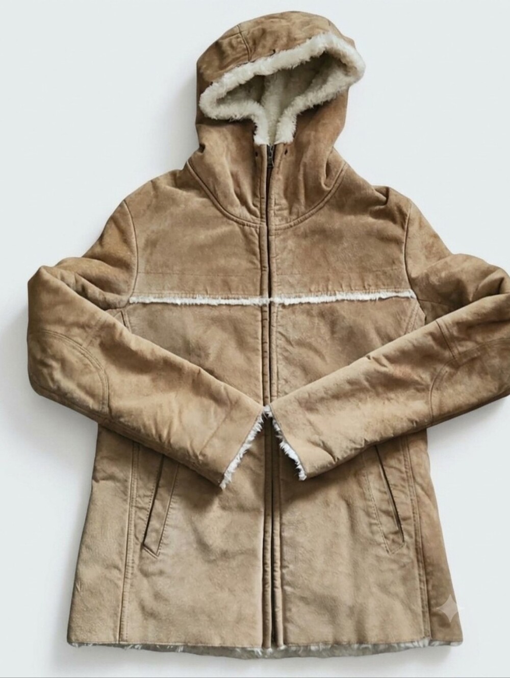 Jones New York Tan Suede-Look Hooded Shearling Coat - Faux Fur Trim Size Small